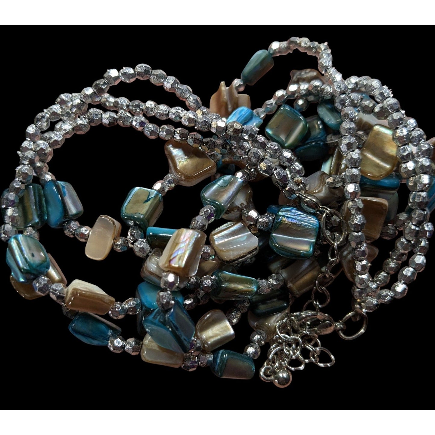 Mermaidcore Blue And Silver Tone Layered Shell Beaded Necklace