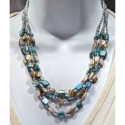 Mermaidcore Blue And Silver Tone Layered Shell Beaded Necklace