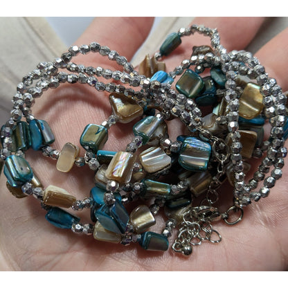 Mermaidcore Blue And Silver Tone Layered Shell Beaded Necklace