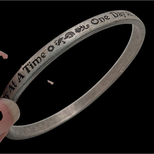 Boho Inspirational Rustic One Day At A Time Silver Tone Bangle Bracelet