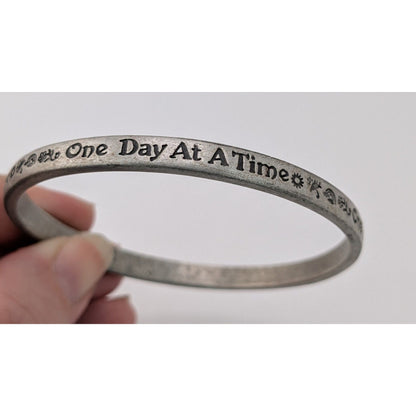 Boho Inspirational Rustic One Day At A Time Silver Tone Bangle Bracelet