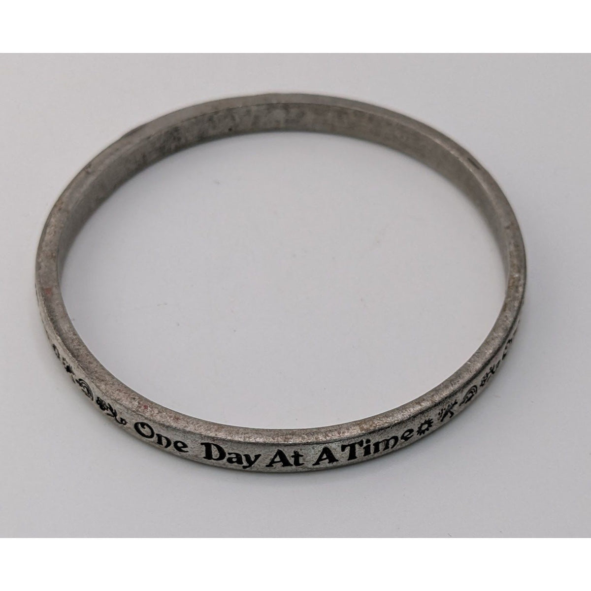 Boho Inspirational Rustic One Day At A Time Silver Tone Bangle Bracelet