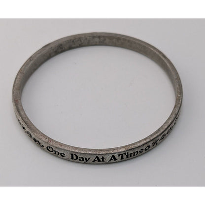 Boho Inspirational Rustic One Day At A Time Silver Tone Bangle Bracelet