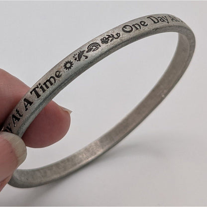 Boho Inspirational Rustic One Day At A Time Silver Tone Bangle Bracelet
