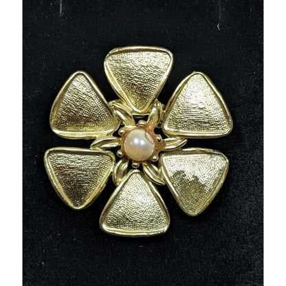 Vintage Floral Brooch Gold Tone With Faux Pearl Accent