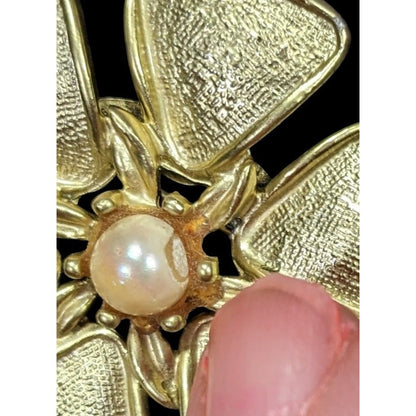 Vintage Floral Brooch Gold Tone With Faux Pearl Accent