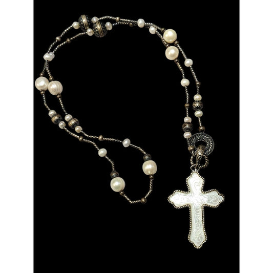 Carolyn Pollack Vintage Sterling Silver Carved Mother of Pearl And Pearl Cross Necklace