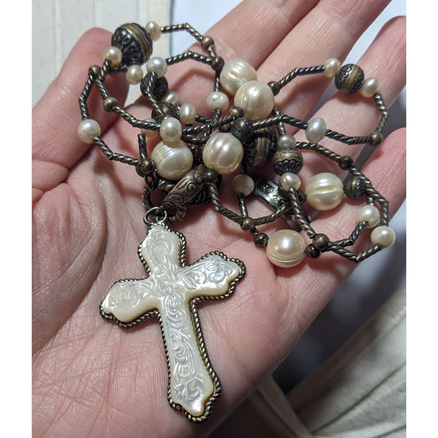 Carolyn Pollack Vintage Sterling Silver Carved Mother of Pearl And Pearl Cross Necklace