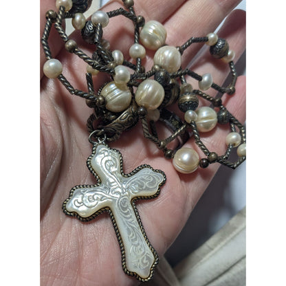 Carolyn Pollack Vintage Sterling Silver Carved Mother of Pearl And Pearl Cross Necklace