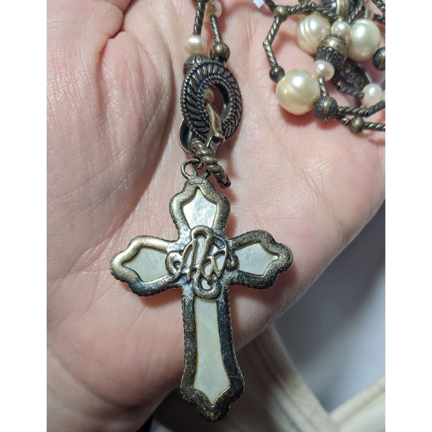 Carolyn Pollack Vintage Sterling Silver Carved Mother of Pearl And Pearl Cross Necklace