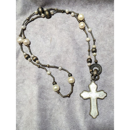 Carolyn Pollack Vintage Sterling Silver Carved Mother of Pearl And Pearl Cross Necklace