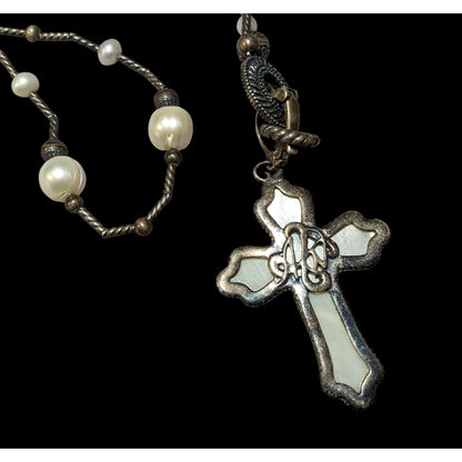 Carolyn Pollack Vintage Sterling Silver Carved Mother of Pearl And Pearl Cross Necklace