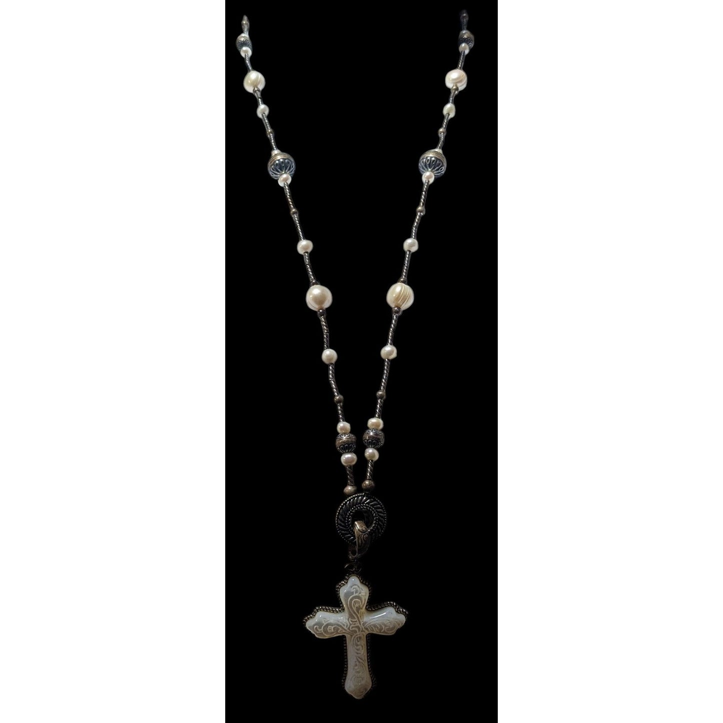 Carolyn Pollack Vintage Sterling Silver Carved Mother of Pearl And Pearl Cross Necklace