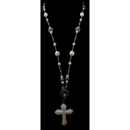 Carolyn Pollack Vintage Sterling Silver Carved Mother of Pearl And Pearl Cross Necklace