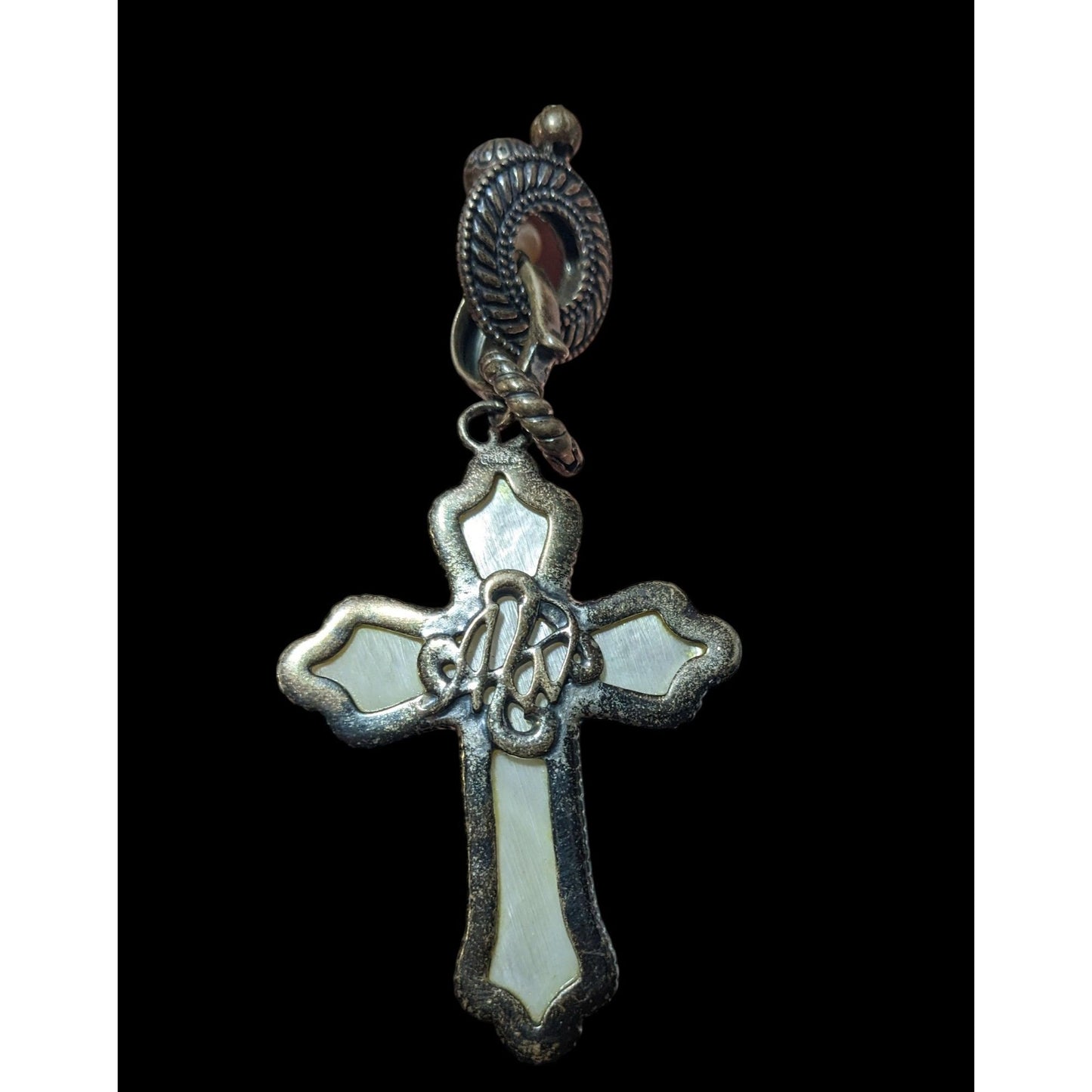 Carolyn Pollack Vintage Sterling Silver Carved Mother of Pearl And Pearl Cross Necklace