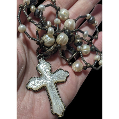 Carolyn Pollack Vintage Sterling Silver Carved Mother of Pearl And Pearl Cross Necklace