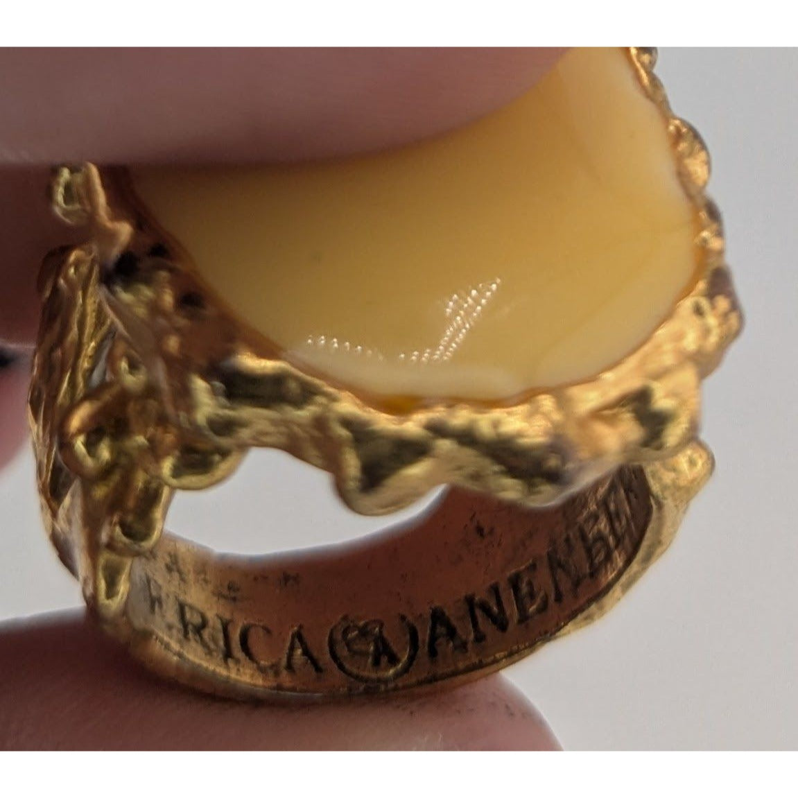 Vintage Erica Anenberg Yellow Enamel Statement Ring Size 6 With Textured Gold-Tone Band