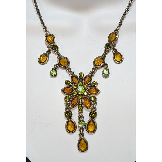Vintage Green Amber Chandelier Necklace Wood Fairy Cottagecore Forest Fairycore Statement