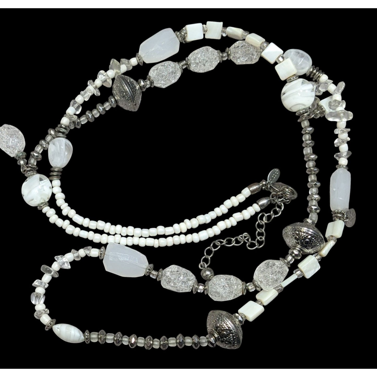 Chico's Snowy White And Silver Tone Glass And Acrylic Beaded Necklace
