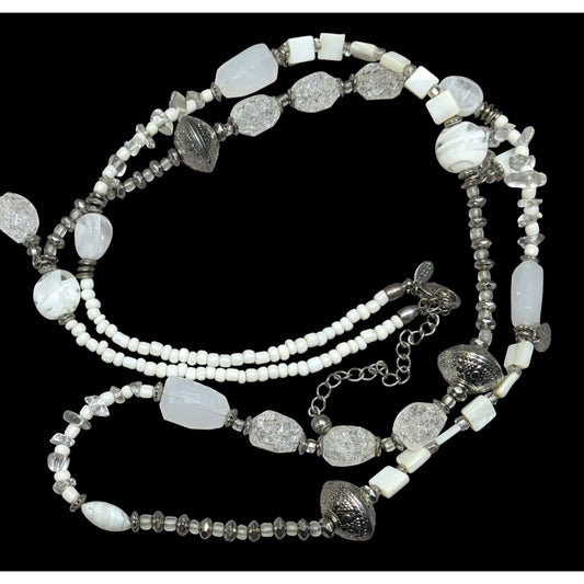 Chico's Snowy White And Silver Tone Glass And Acrylic Beaded Necklace