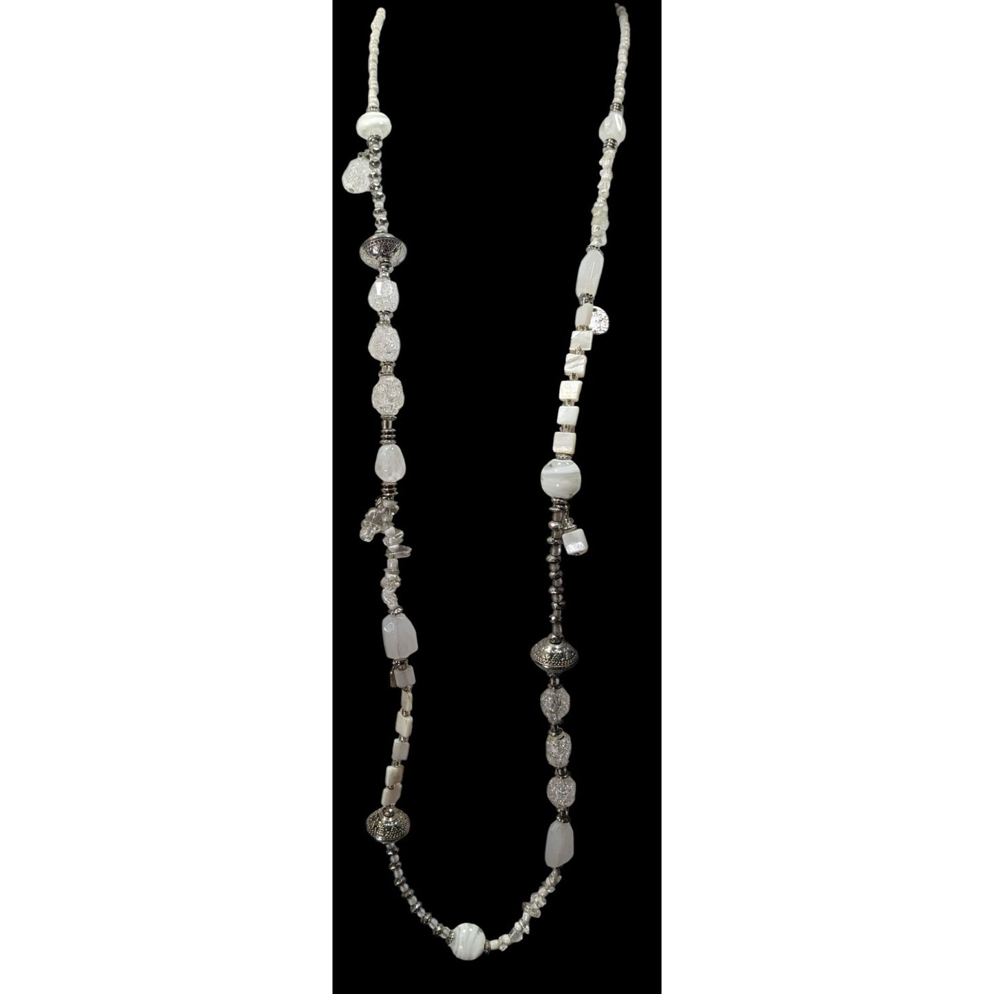Chico's Snowy White And Silver Tone Glass And Acrylic Beaded Necklace