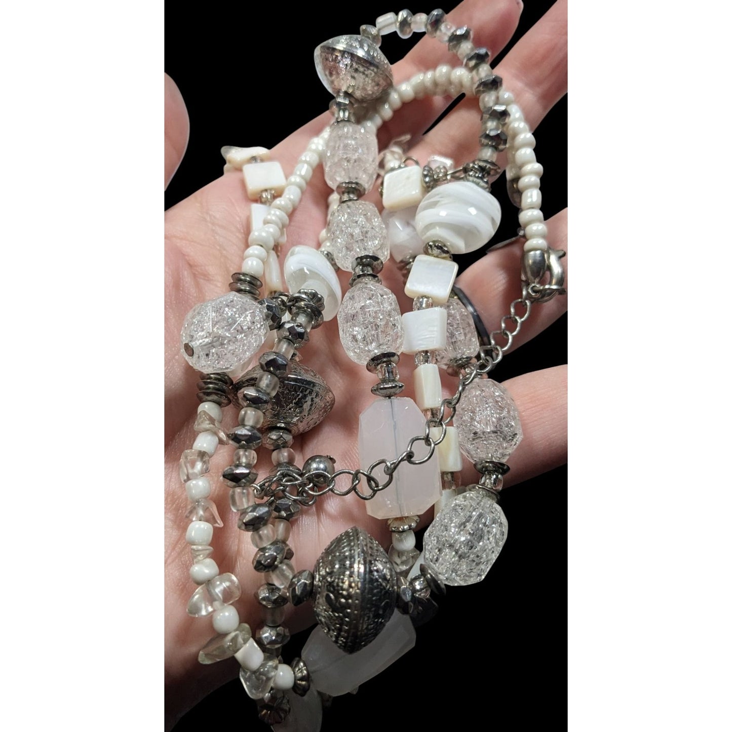 Chico's Snowy White And Silver Tone Glass And Acrylic Beaded Necklace