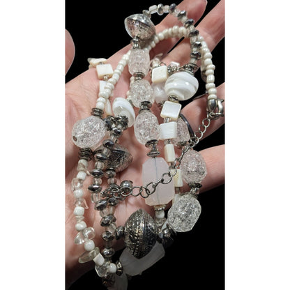 Chico's Snowy White And Silver Tone Glass And Acrylic Beaded Necklace