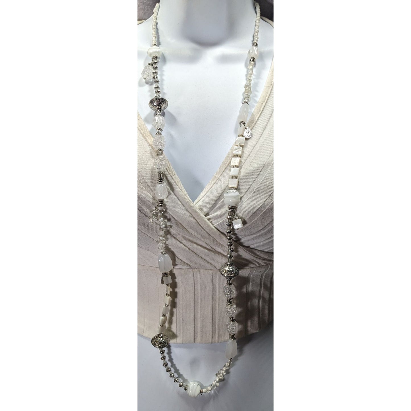 Chico's Snowy White And Silver Tone Glass And Acrylic Beaded Necklace