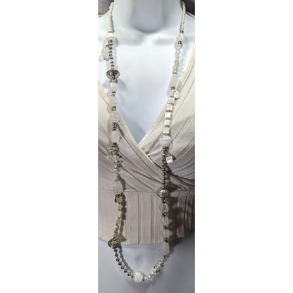 Chico's Snowy White And Silver Tone Glass And Acrylic Beaded Necklace