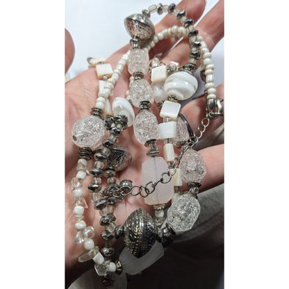 Chico's Snowy White And Silver Tone Glass And Acrylic Beaded Necklace