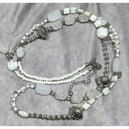 Chico's Snowy White And Silver Tone Glass And Acrylic Beaded Necklace