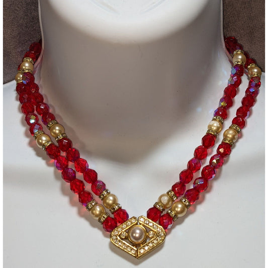 Vintage Whimsical Red Beaded Necklace With Gold Tone Accents