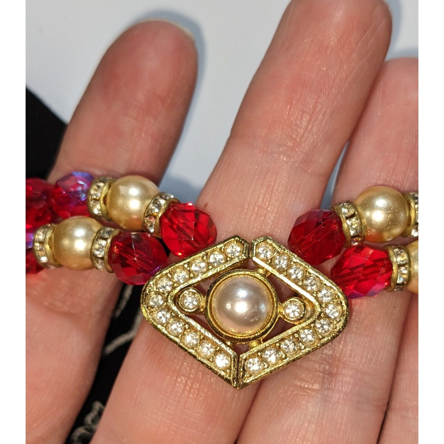 Vintage Whimsical Red Beaded Necklace With Gold Tone Accents