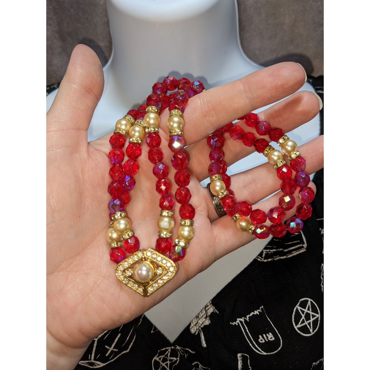 Vintage Whimsical Red Beaded Necklace With Gold Tone Accents