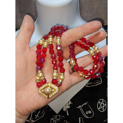 Vintage Whimsical Red Beaded Necklace With Gold Tone Accents