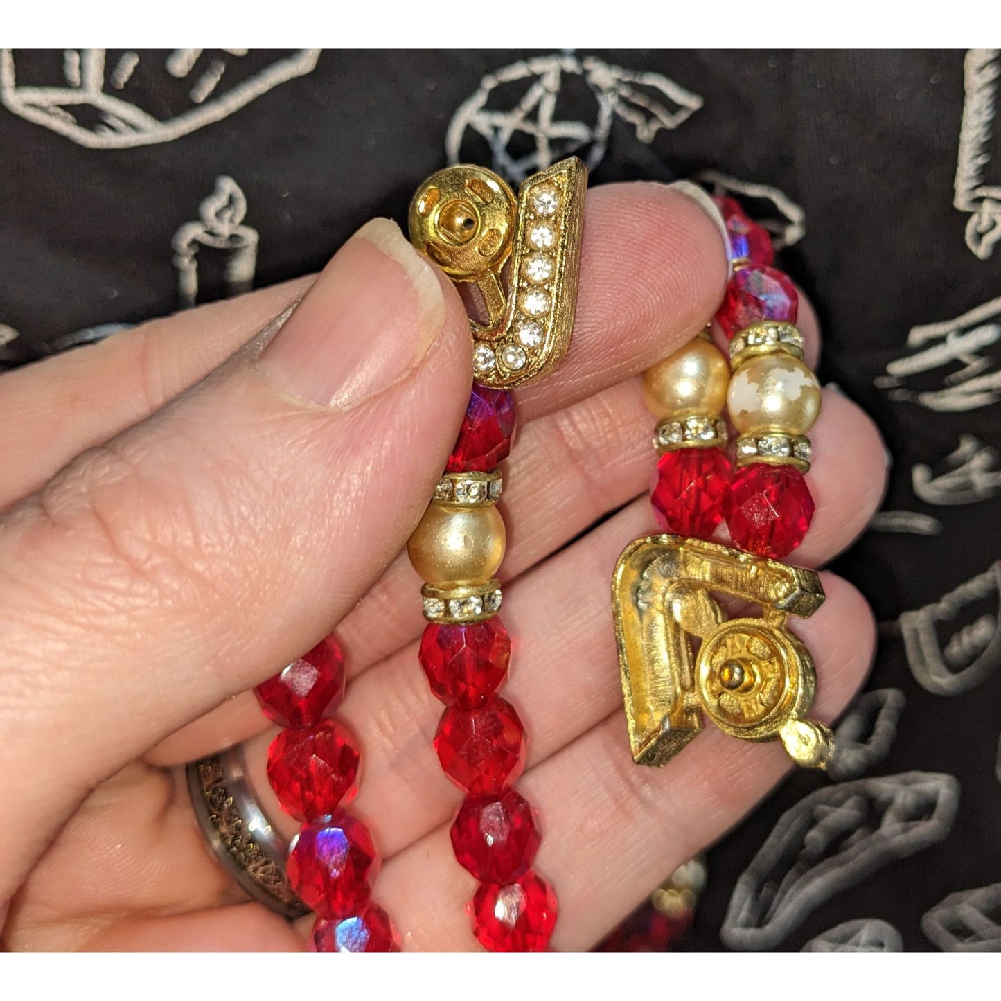 Vintage Whimsical Red Beaded Necklace With Gold Tone Accents