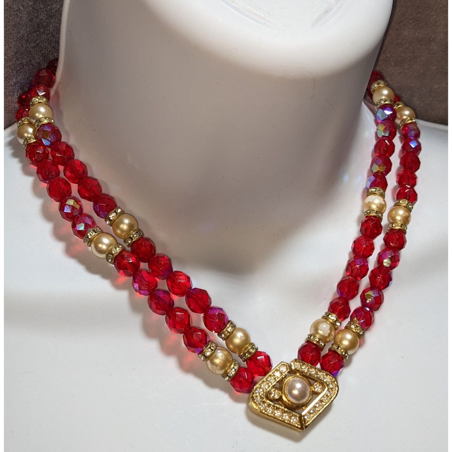 Vintage Whimsical Red Beaded Necklace With Gold Tone Accents