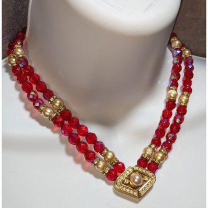 Vintage Whimsical Red Beaded Necklace With Gold Tone Accents