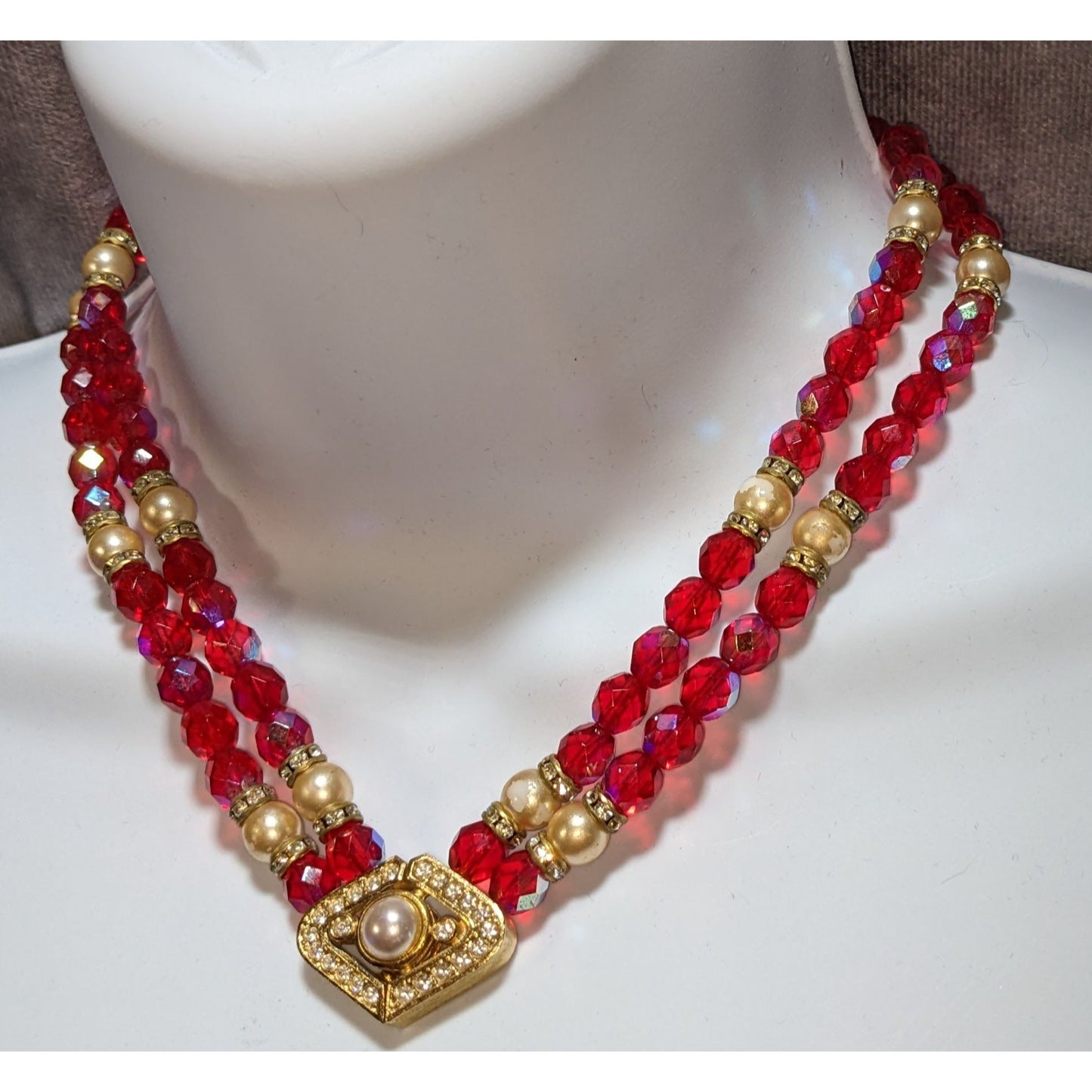 Vintage Whimsical Red Beaded Necklace With Gold Tone Accents