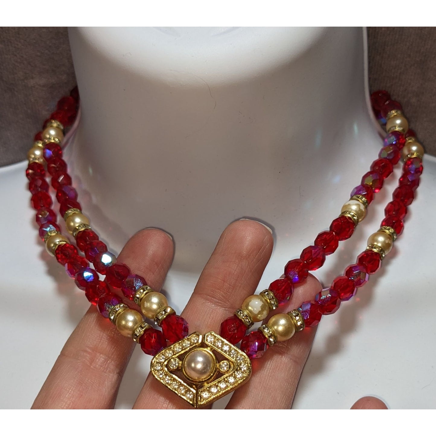 Vintage Whimsical Red Beaded Necklace With Gold Tone Accents