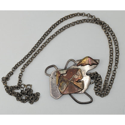 Vintage 1996 Artisan Brutalist Abstract Sterling Pendant Necklace