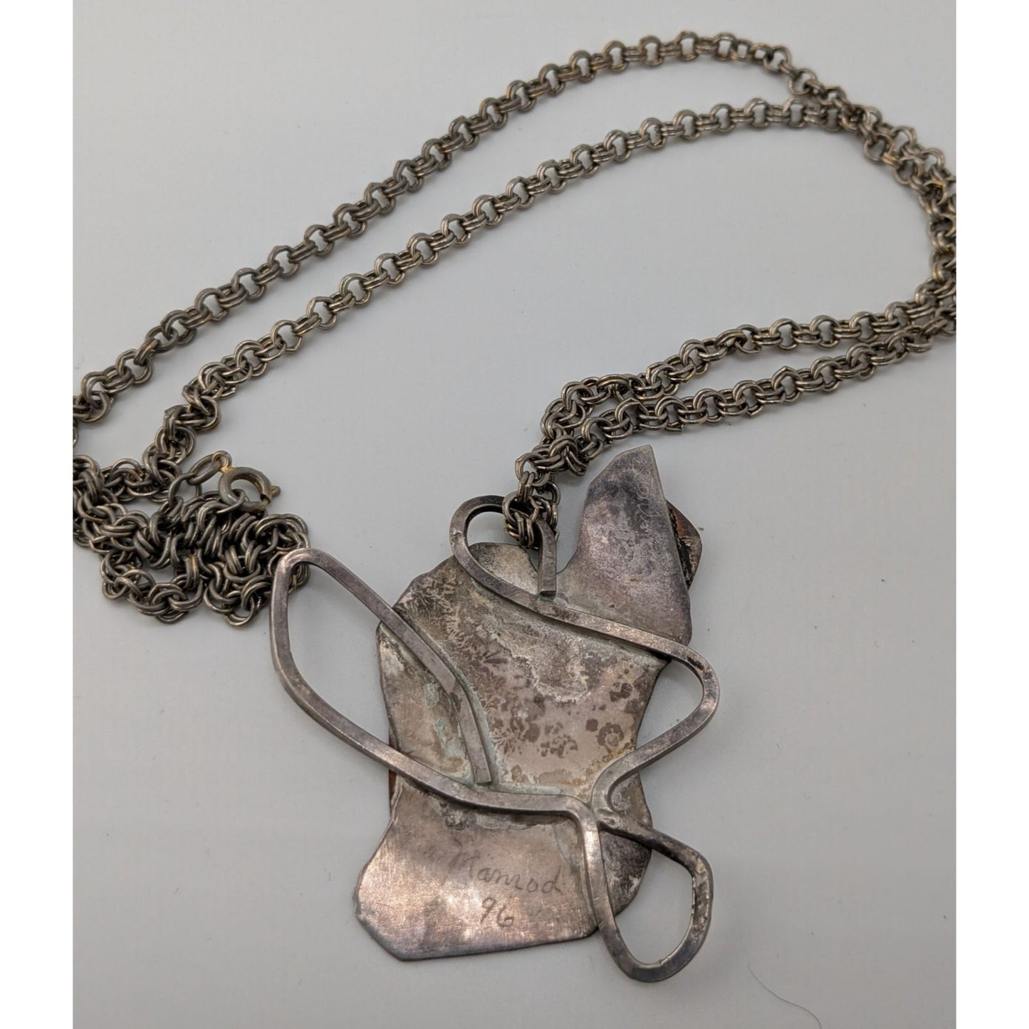 Vintage 1996 Artisan Brutalist Abstract Sterling Pendant Necklace