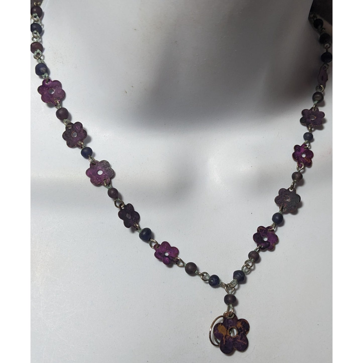 Vintage Retro Purple Metal Flower Beaded Necklace