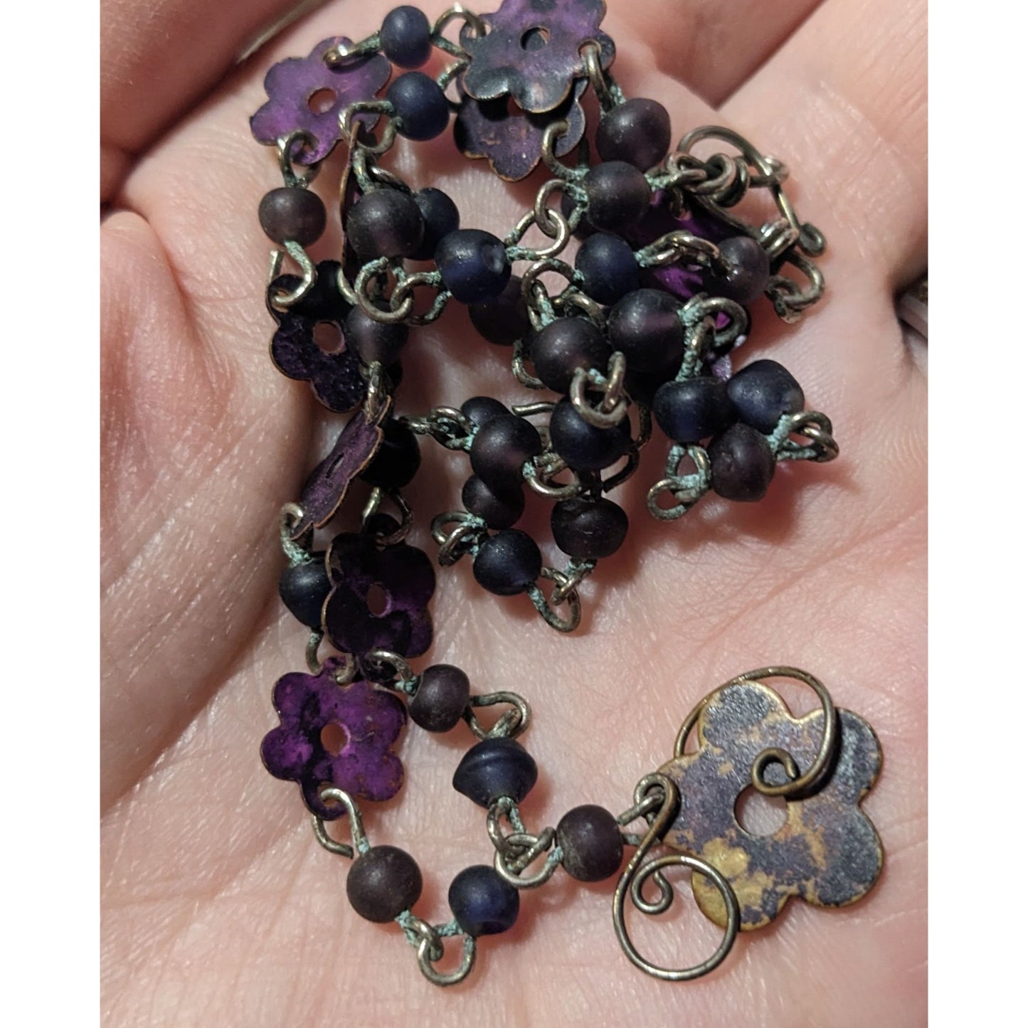 Vintage Retro Purple Metal Flower Beaded Necklace