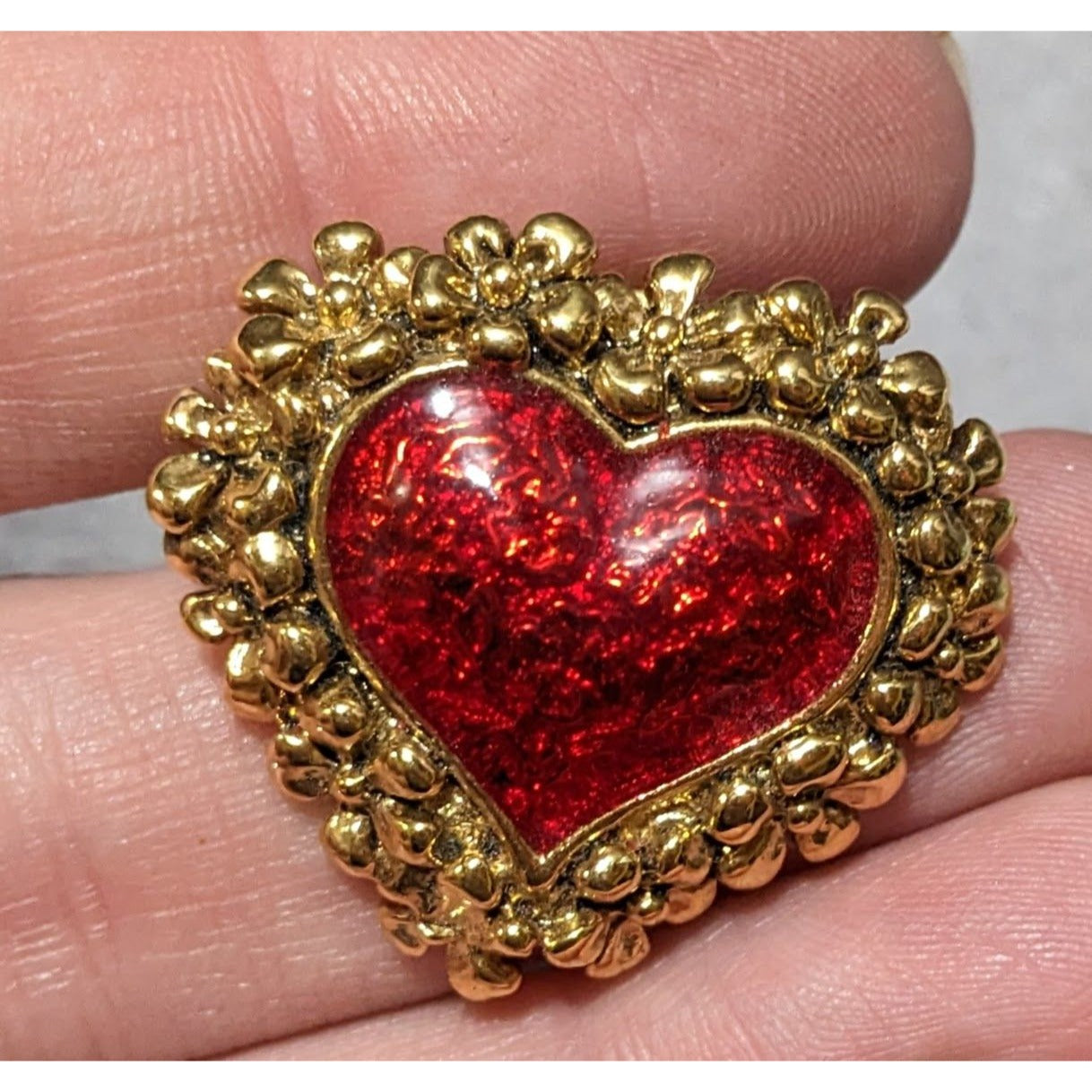 Vintage Avon Red And Gold Floral Heart Pin