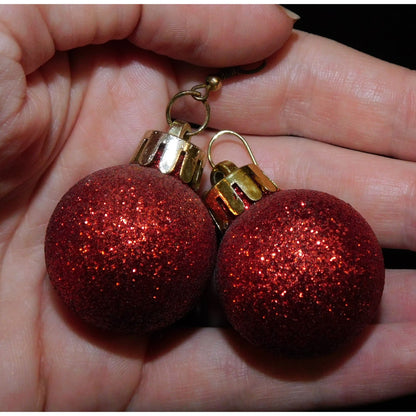 Red Glitter Holiday Bauble Ornament Earrings