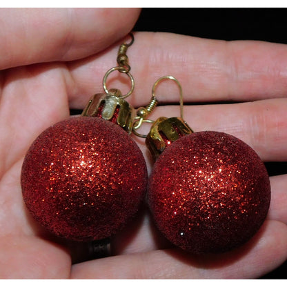 Red Glitter Holiday Bauble Ornament Earrings
