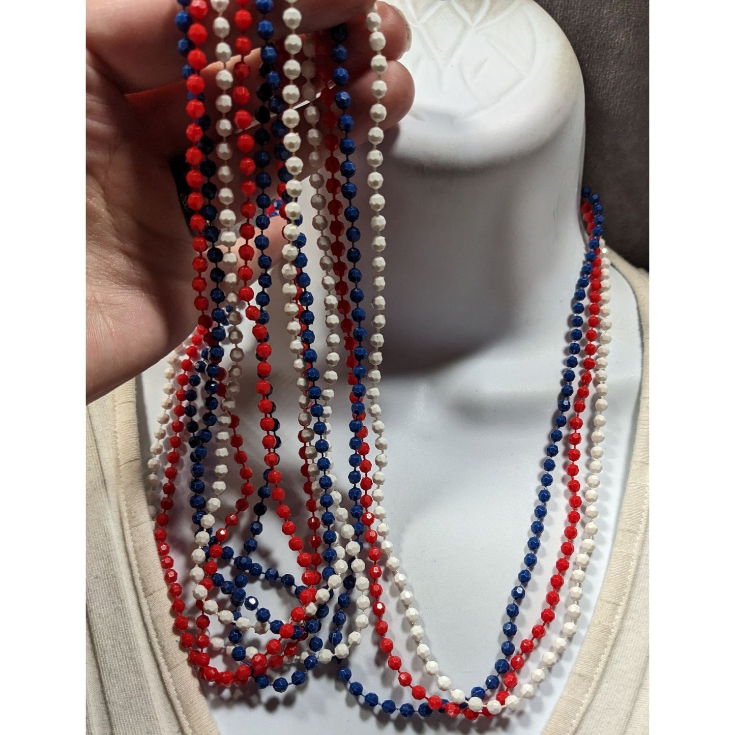 Vintage 50s Patriotic Red White And Blue Layered Beaded Necklace