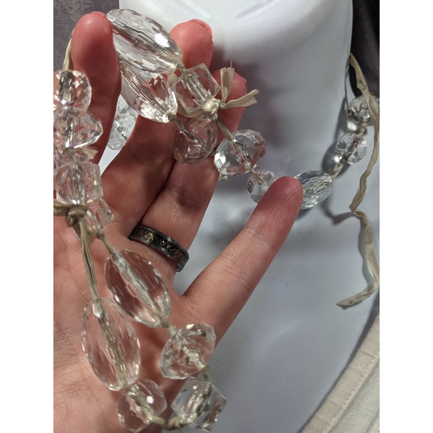 J.Crew Chunky Clear Beaded Grey Ribbon Station Necklace