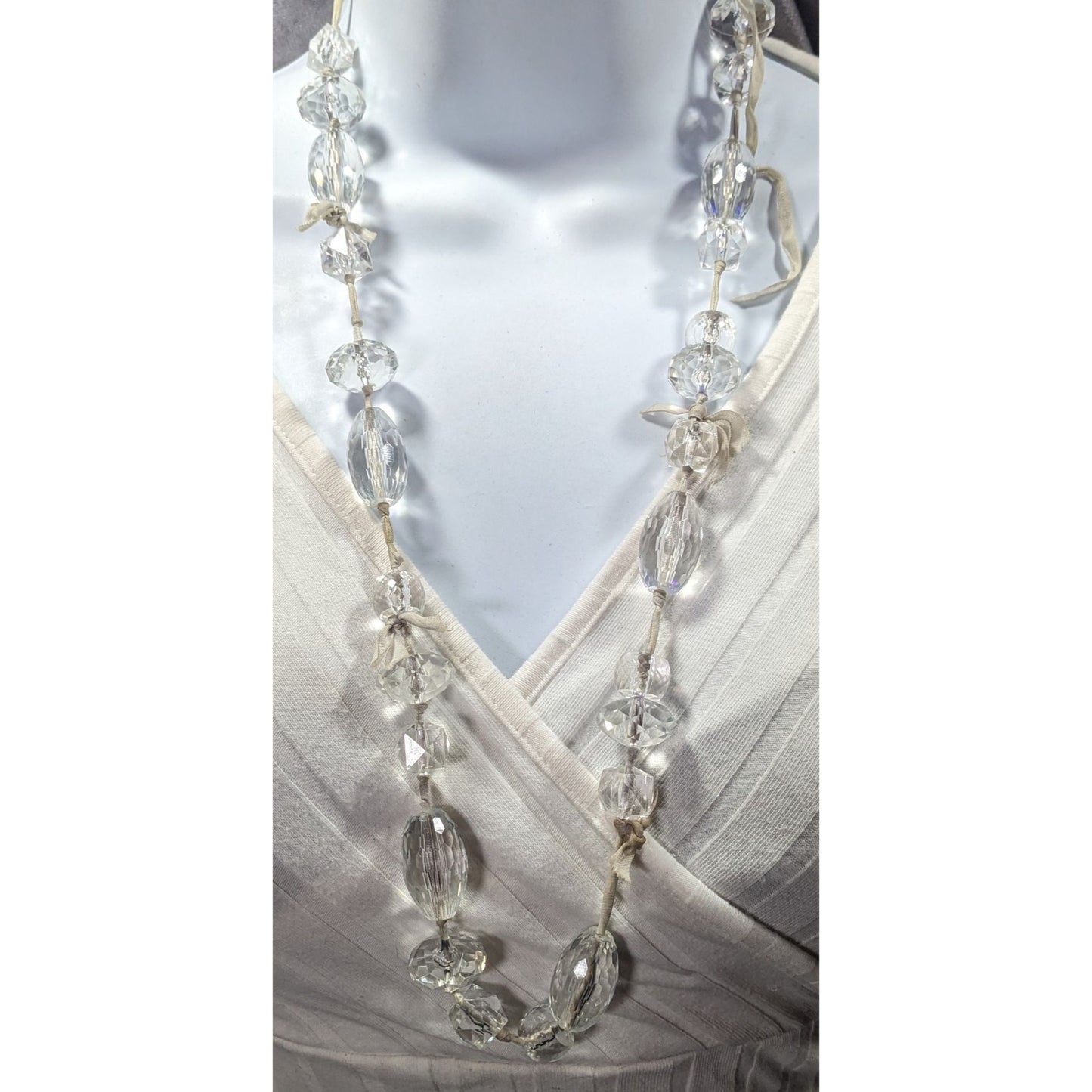 J.Crew Chunky Clear Beaded Grey Ribbon Station Necklace